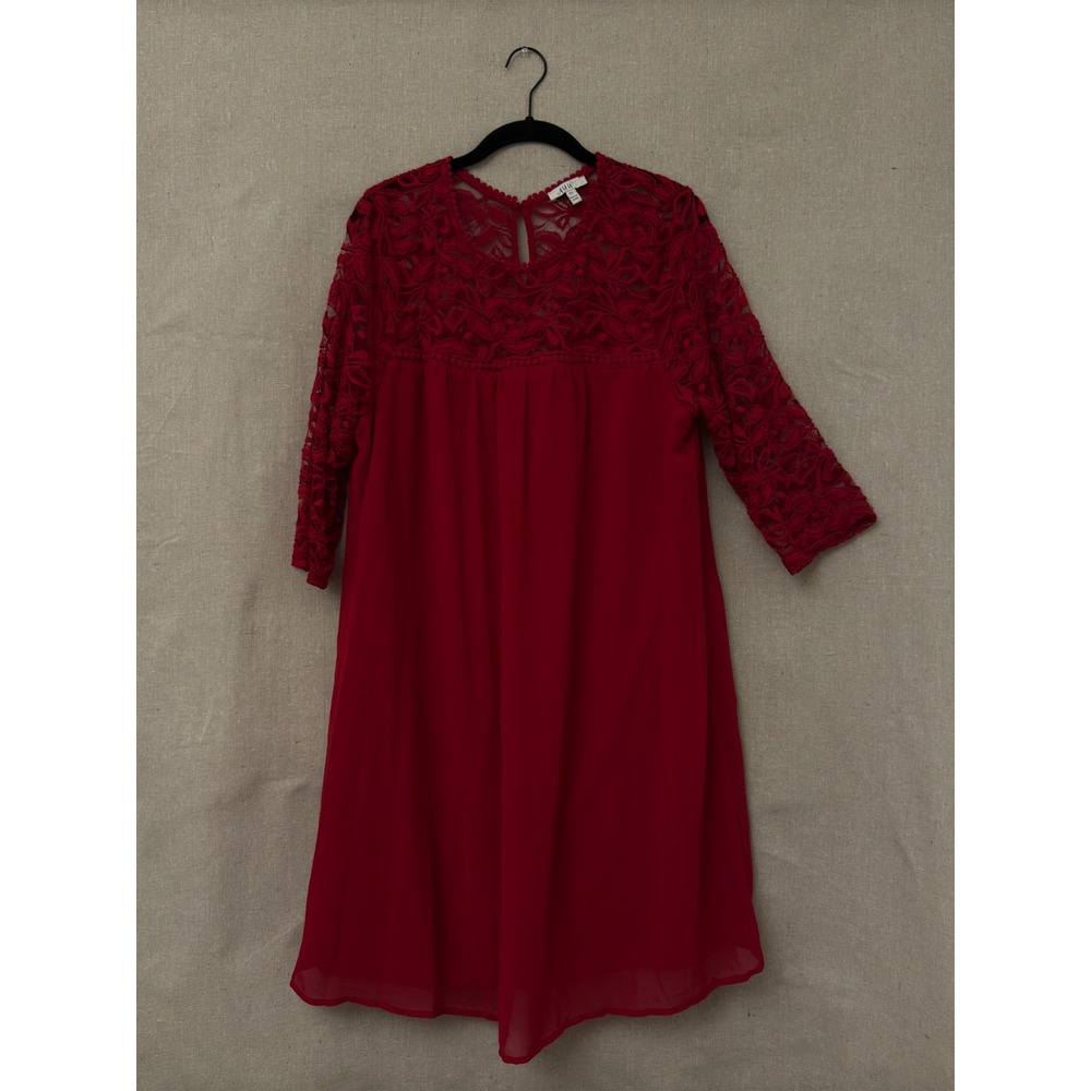 AUW Womens Red Lace Chiffon Shift Dress Plus Size 2X 3/4 Sleeve Keyhole Back